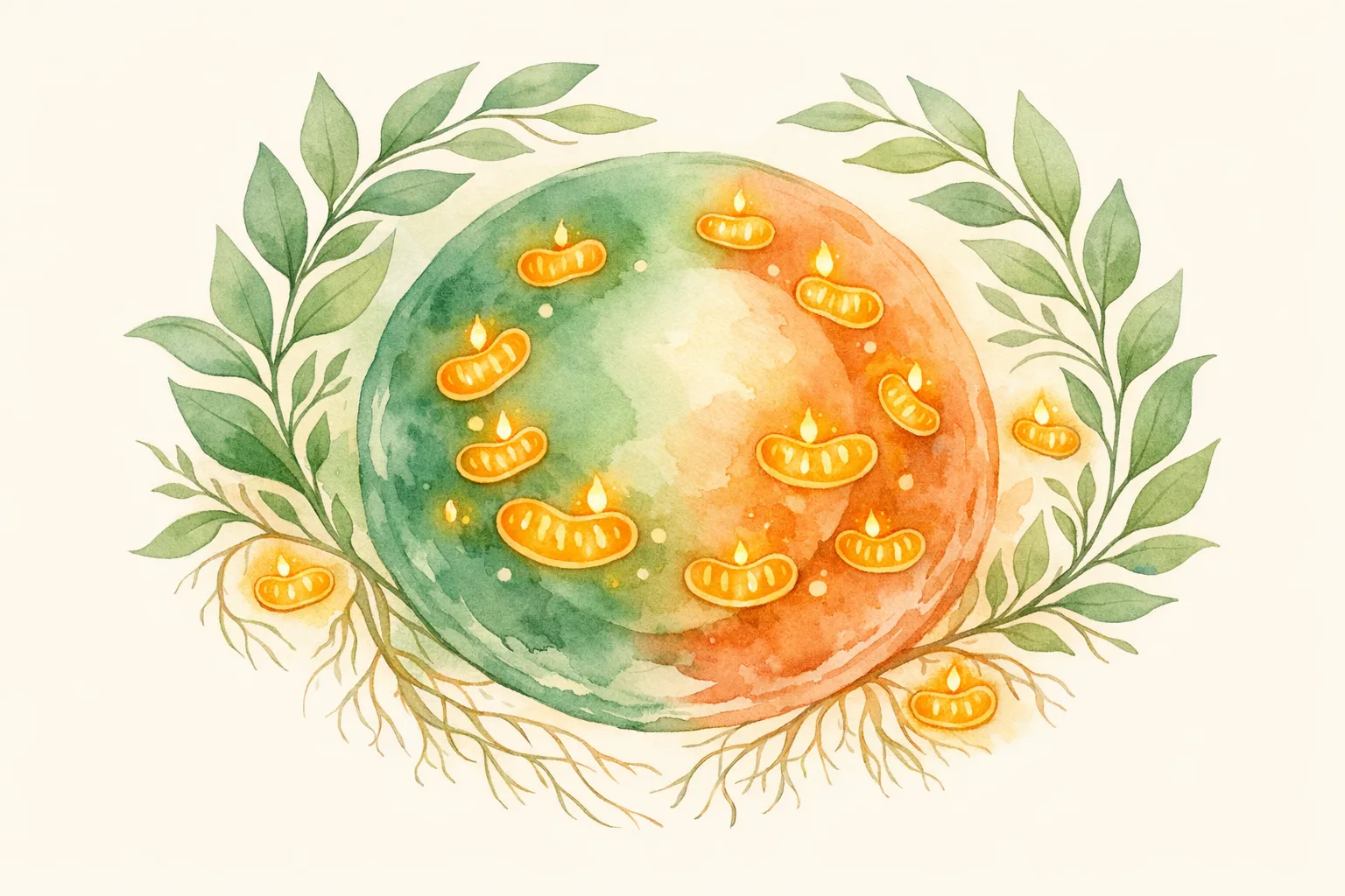 Botanical watercolor illustration of an egg cell surrounded by glowing mitochondria forms and sage green leaves, representing cellular energy production and CoQ10's role in egg quality