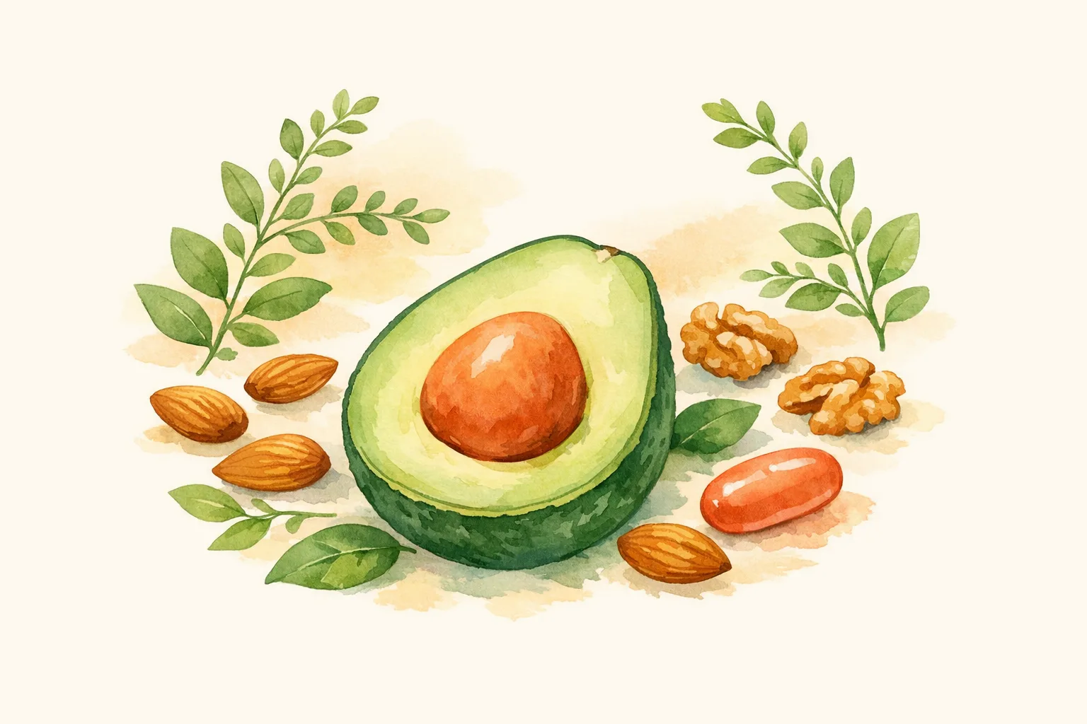Botanical watercolor illustration of a CoQ10 capsule nestled among avocado, nuts, and green leaves representing the daily practice of taking CoQ10 with healthy fats for better absorption
