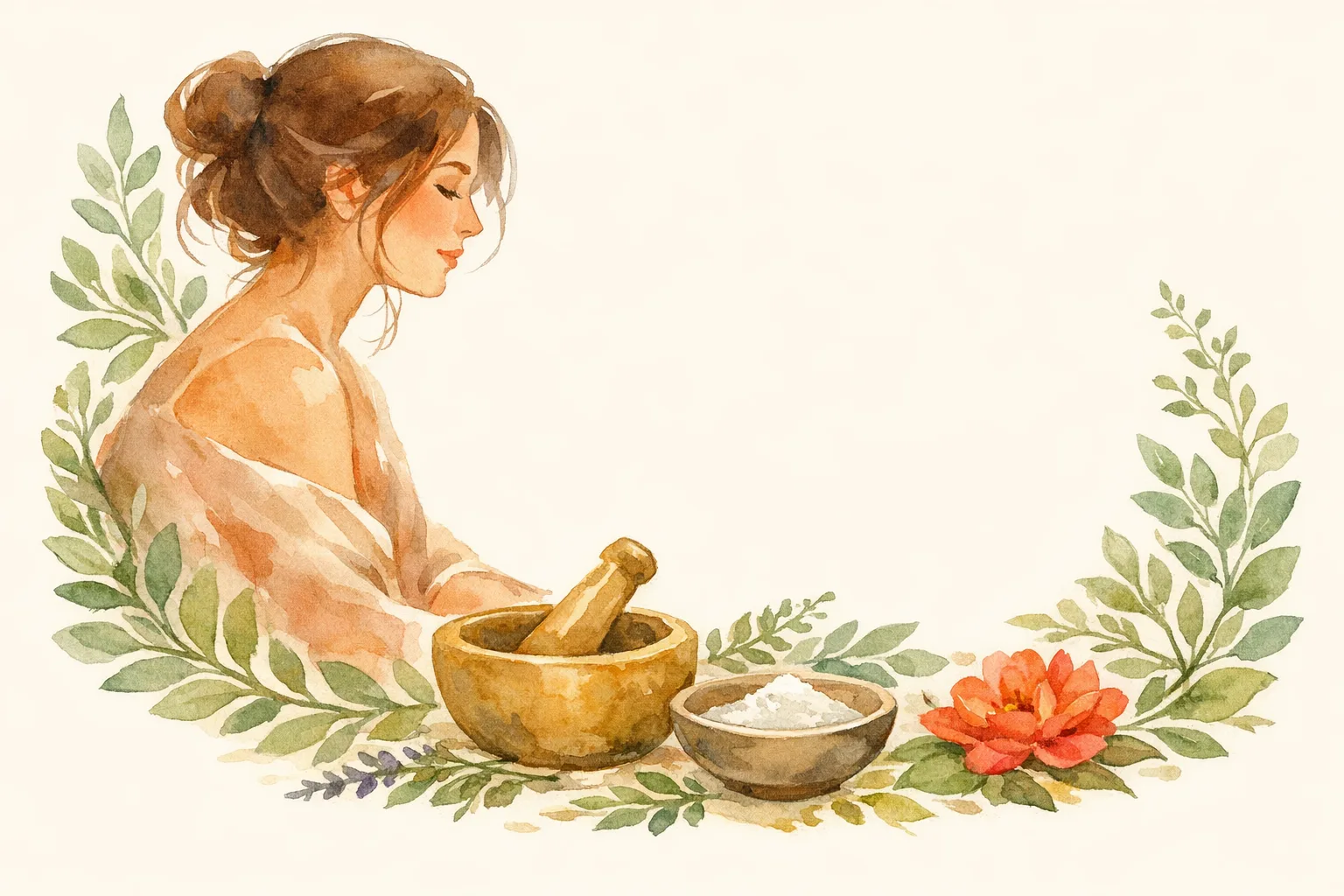 Watercolor illustration of a woman in a calm daily ritual with a mortar and pestle, botanical herbs and a bowl of supplement powder, representing practical steps to support fertility naturally