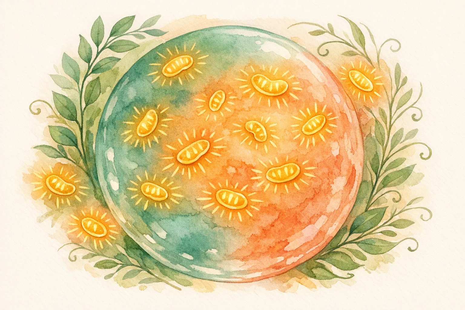 Botanical watercolor illustration of a large egg cell surrounded by glowing leaf-shaped mitochondria forms in sage green and warm gold, representing cellular energy and egg quality