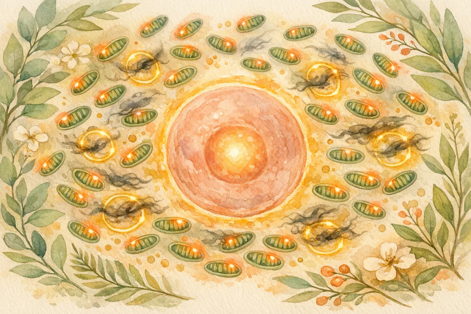 Botanical watercolor illustration of an egg cell surrounded by glowing mitochondria and antioxidant protective halos, representing CoQ10's dual role in egg quality and cellular energy.