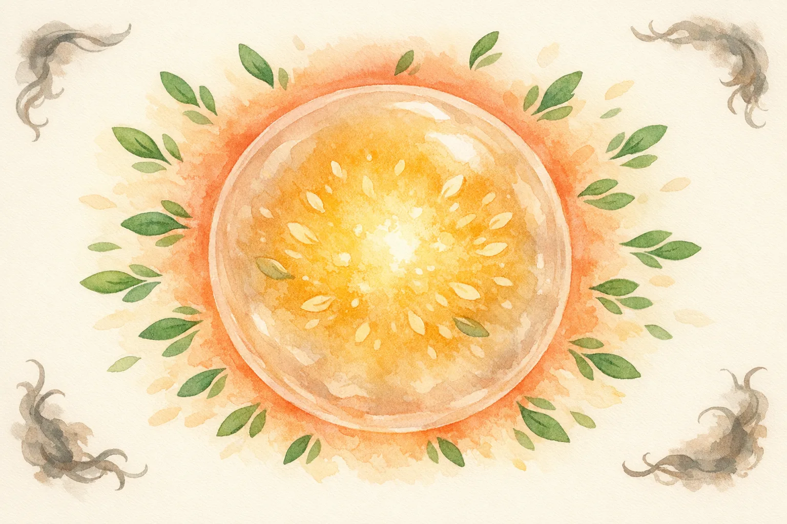 Watercolor illustration of a glowing egg cell surrounded by healthy mitochondria forms and dissipating oxidative damage wisps, representing cellular energy and egg quality decline
