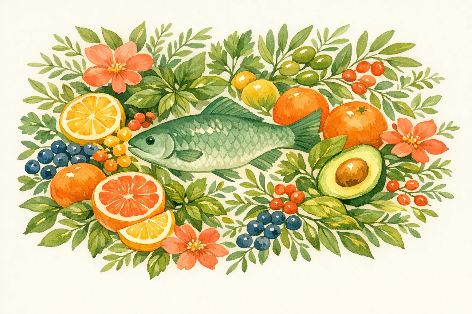 Watercolor botanical still life of fish, herbs, fruits and plant sprigs representing natural sources of egg quality supplements including CoQ10 and omega-3 fatty acids