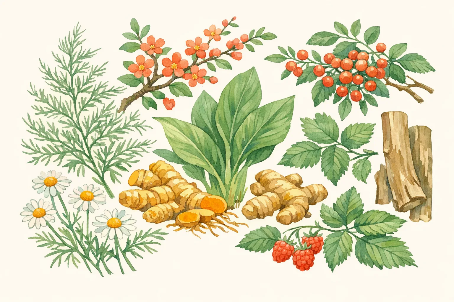 Botanical watercolor illustration of eight medicinal herbs including asparagus fronds, flowering bark, turmeric root, ginger, chamomile flowers, raspberry leaf, and berry branches arranged in a lush flowing composition.
