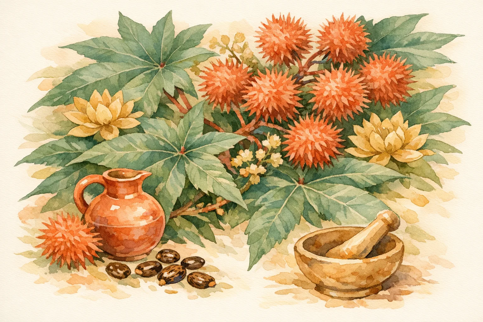 Watercolor botanical illustration of the castor plant with seeds, oil vessel, lotus flowers and mortar and pestle representing Ayurvedic Eranda Taila tradition