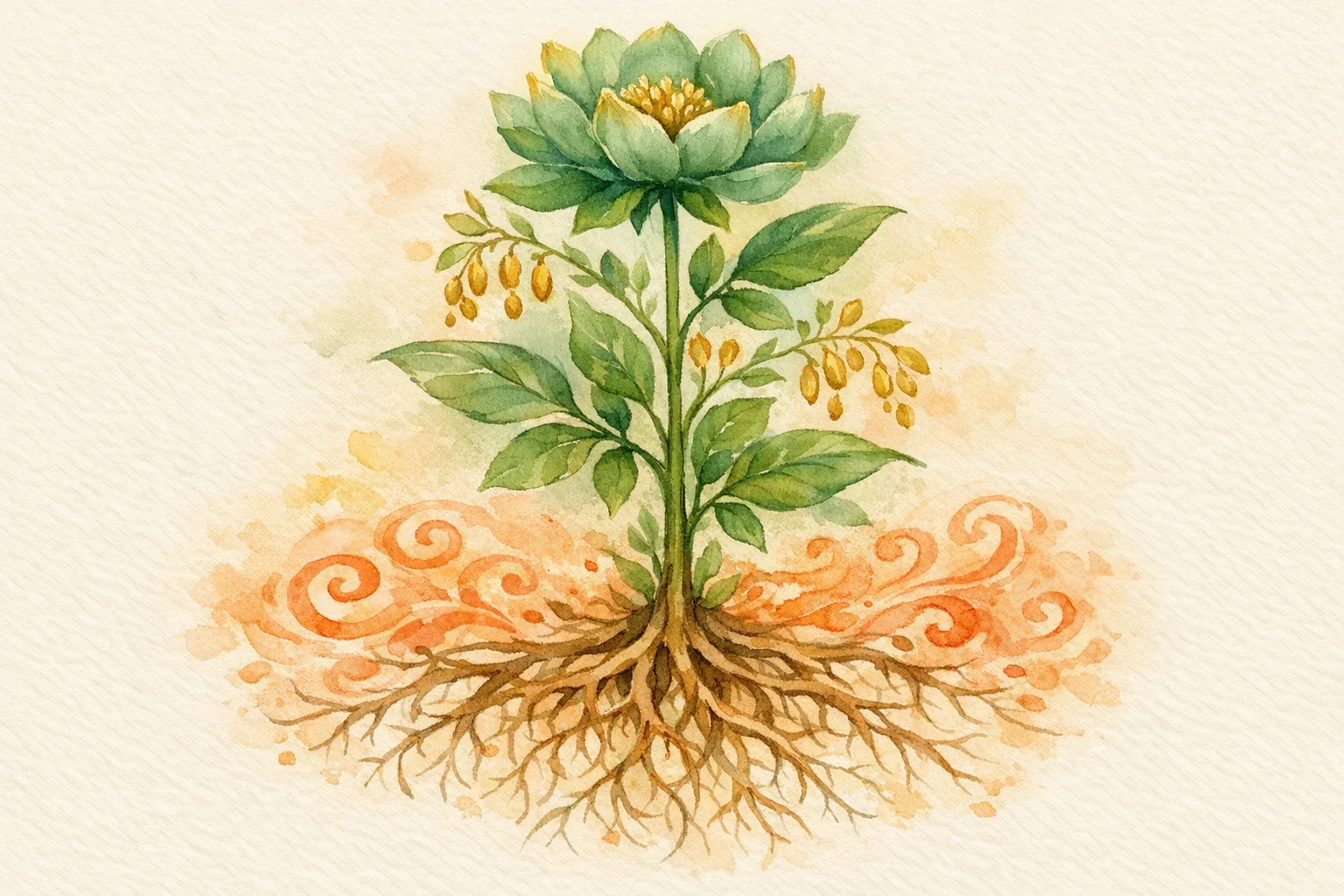 Watercolor botanical illustration of a flowering plant with roots and bloom representing the body's interconnected hormonal systems