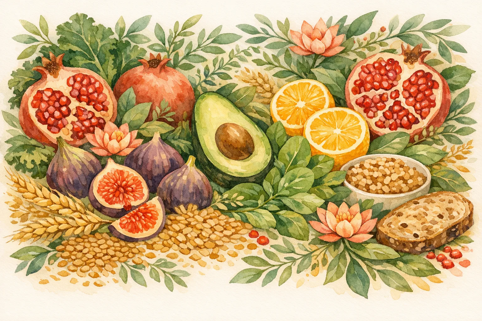 Botanical watercolor illustration of an abundant arrangement of fertility-supporting whole foods including leafy greens, pomegranate, figs, and herbs representing natural lifestyle steps to support conception