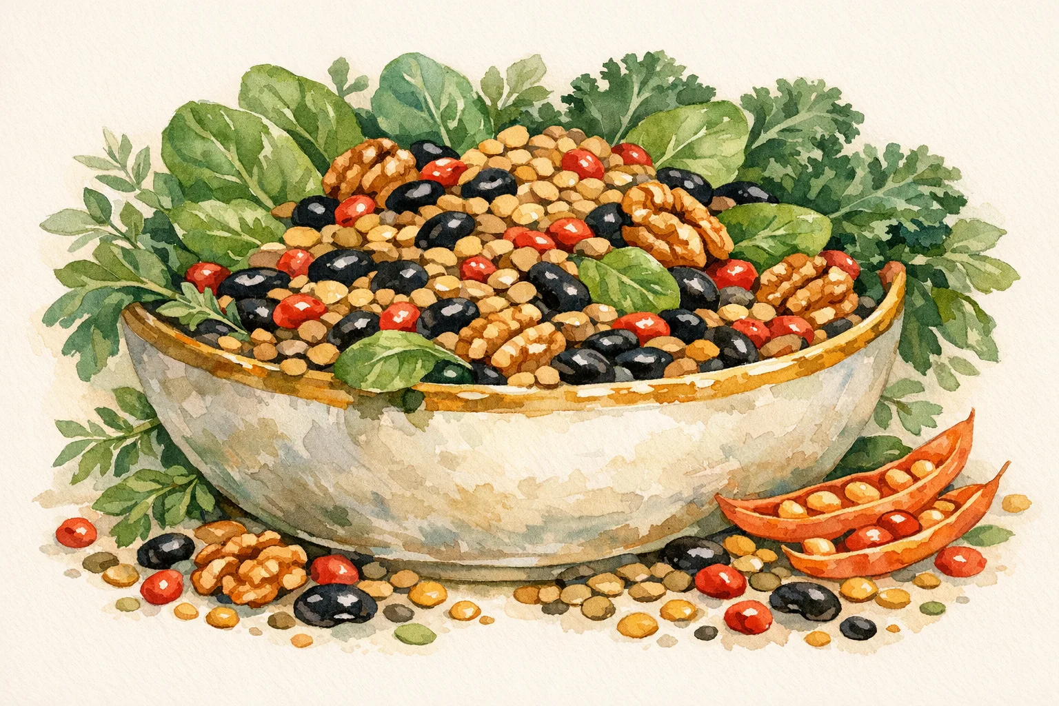Watercolor illustration of a ceramic bowl overflowing with fertility foods including lentils, black beans, walnuts, and leafy greens on a warm cream background