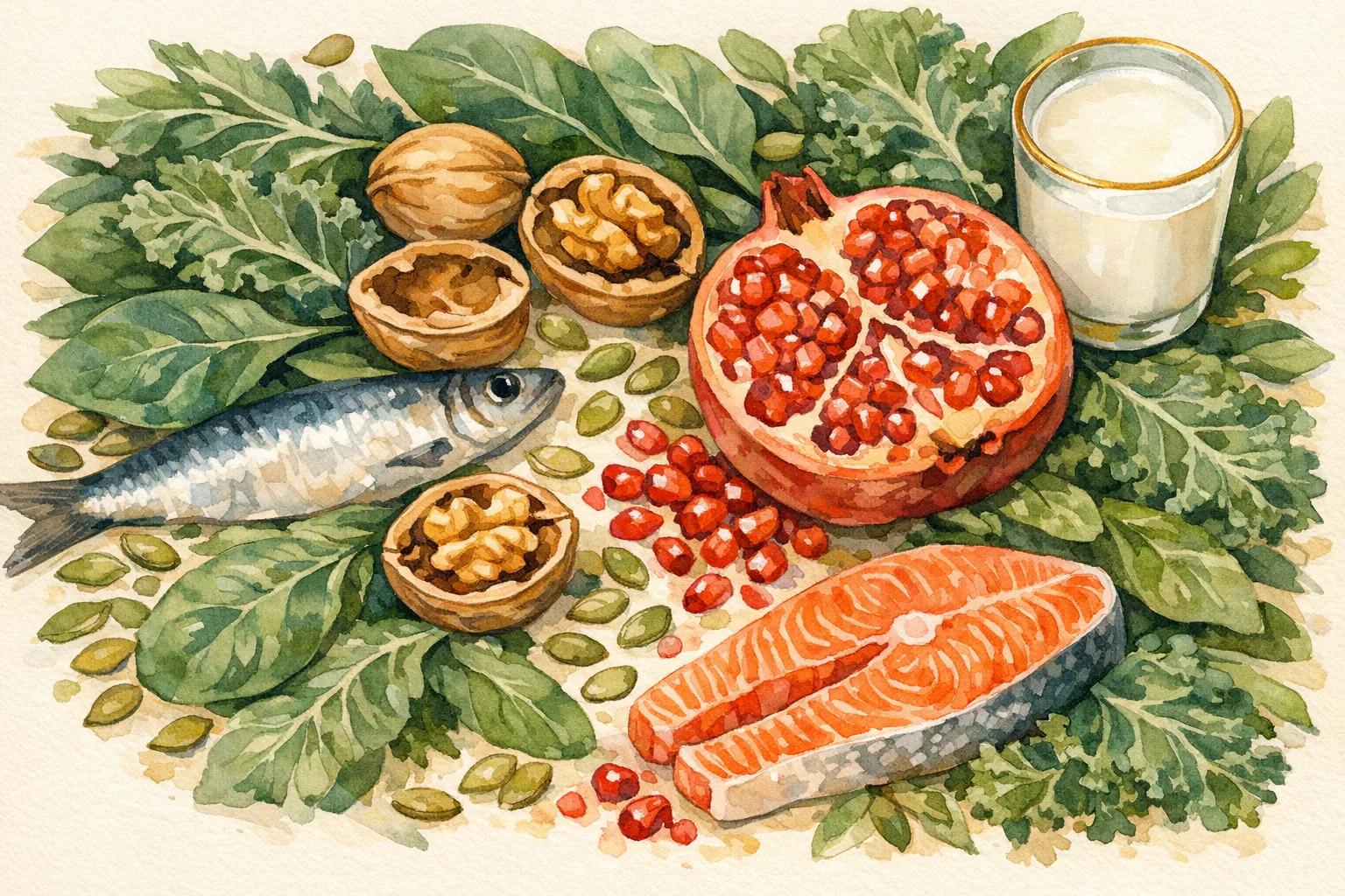 Watercolor botanical illustration of fertility foods including pomegranate, walnuts, leafy greens, pumpkin seeds, and sardines arranged in a lush flat-lay composition