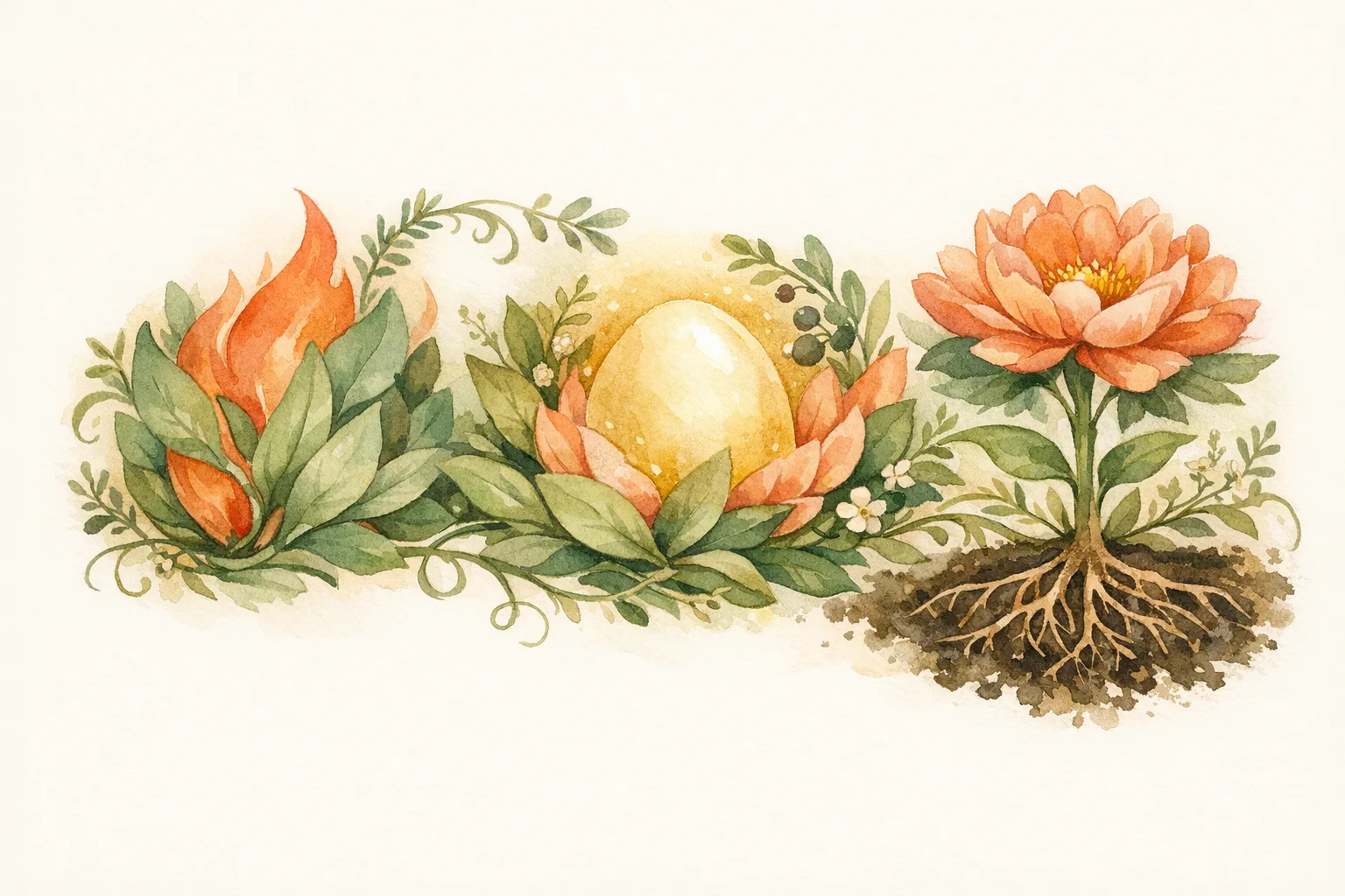 Watercolor botanical illustration depicting three intertwined organic forms representing the mechanisms of inflammation, oxidative stress, and insulin resistance being addressed by the Mediterranean diet for fertility
