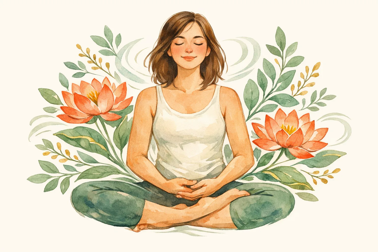 Watercolor illustration of a woman meditating in peaceful stillness surrounded by lush sage green botanical leaves and coral lotus flowers, representing the mind-body research on fertility meditation