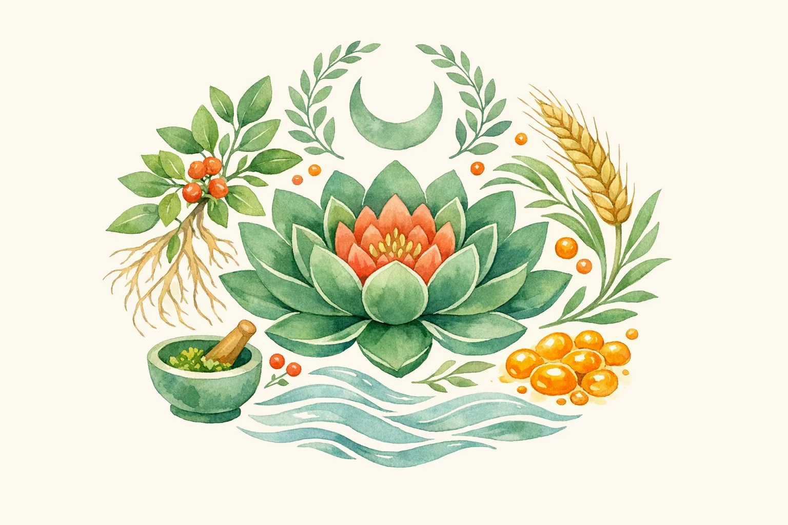 Botanical watercolor illustration of a lotus flower surrounded by herbs, roots, grains, and a crescent moon representing the six evidence-based fertility optimization factors
