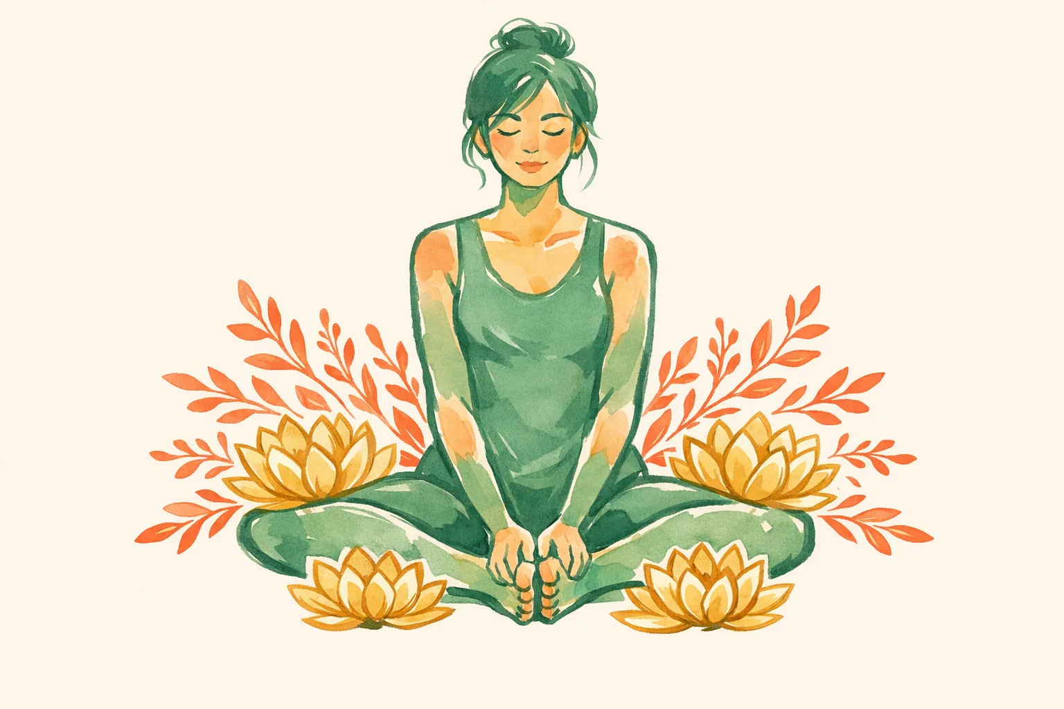 Botanical watercolor illustration of a woman in Baddha Konasana butterfly pose with lotus flowers and flowing herbs at her hips representing pelvic blood flow and fertility yoga practice