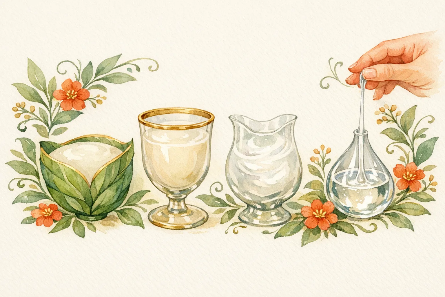 Botanical watercolor illustration showing four vessels with fluids progressing from thick and cloudy to clear and stretchy, representing the four stages of cervical mucus through a fertility cycle