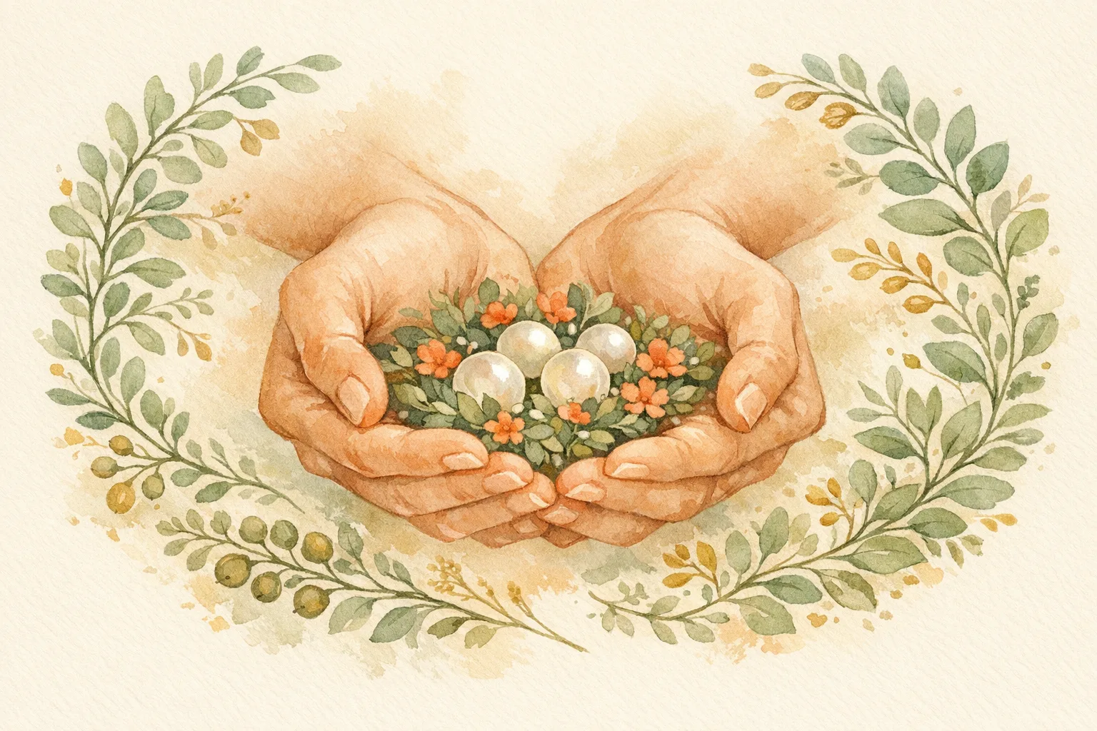 Watercolor illustration of two gentle cupped hands holding small pearl-like seeds surrounded by delicate botanical leaves and blossoms in sage green and coral, symbolizing fertility and care