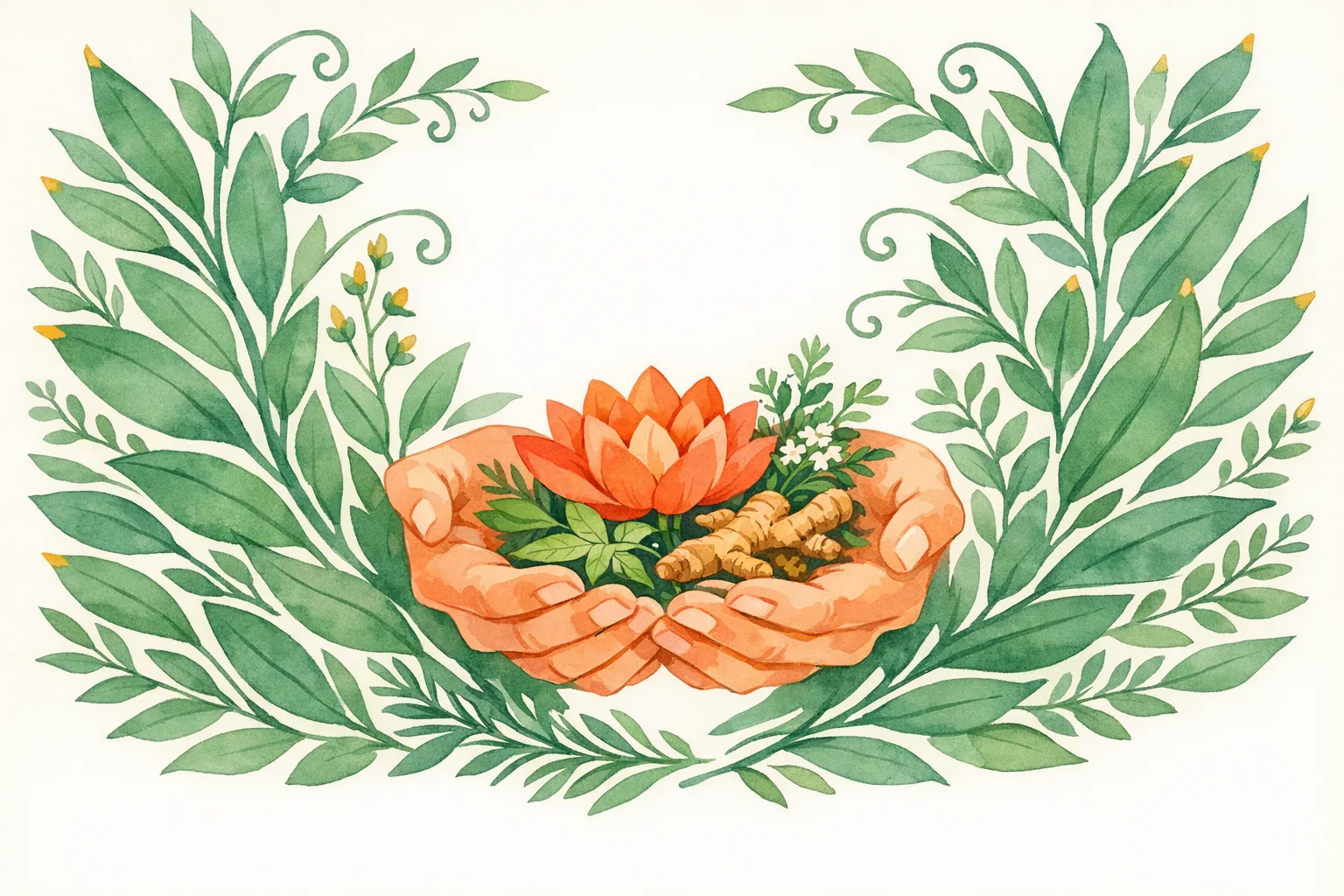 A watercolor illustration of two nurturing hands cradling a lotus flower and herbs surrounded by sweeping botanical leaves, representing the holistic Ayurvedic fertility protocol