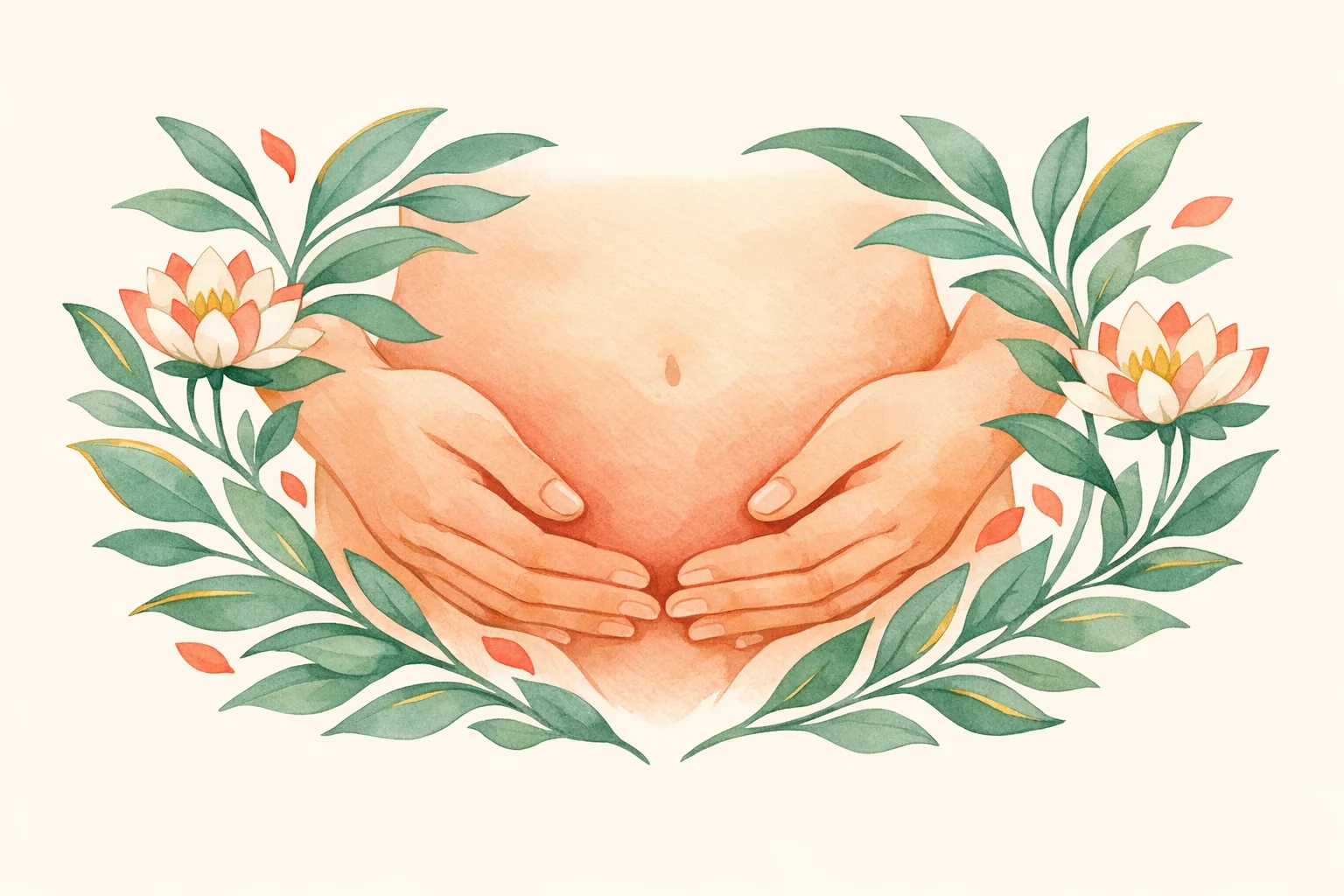 Soft watercolor illustration of nurturing hands gently cradling the lower abdomen surrounded by sage green botanical leaves and lotus flowers, representing manual physical therapy for fertility