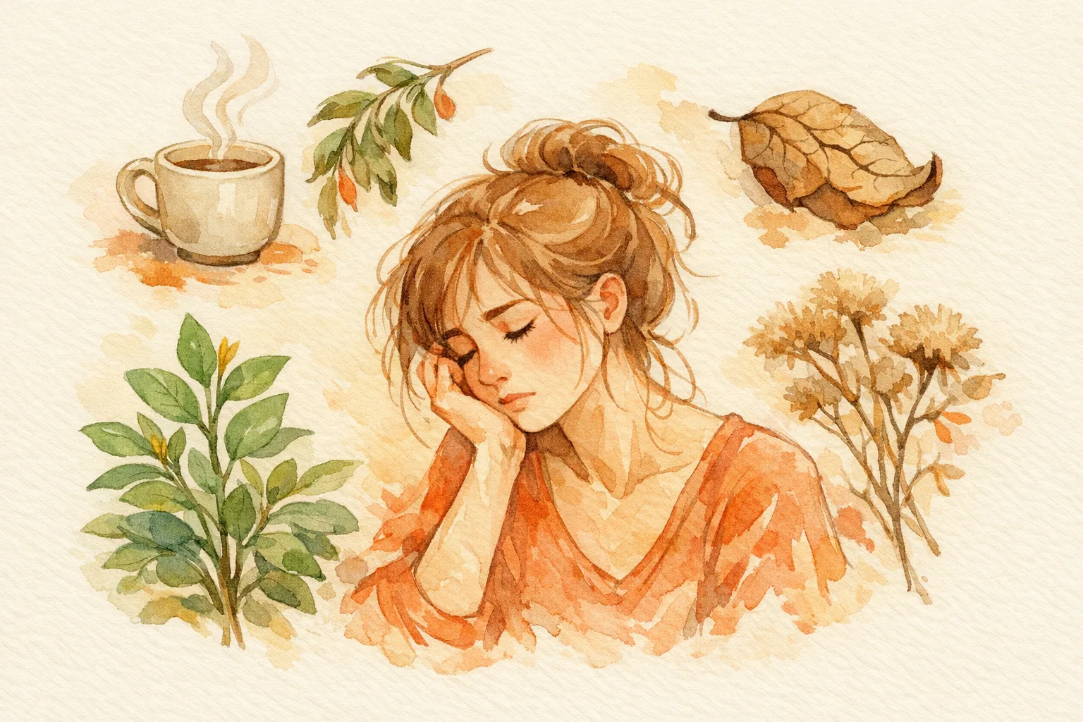 Botanical watercolor of a tired woman surrounded by wilted herbs, a coffee cup, and a cracked dry leaf with a small flourishing plant nearby, representing lifestyle factors that disrupt fertile cervical mucus