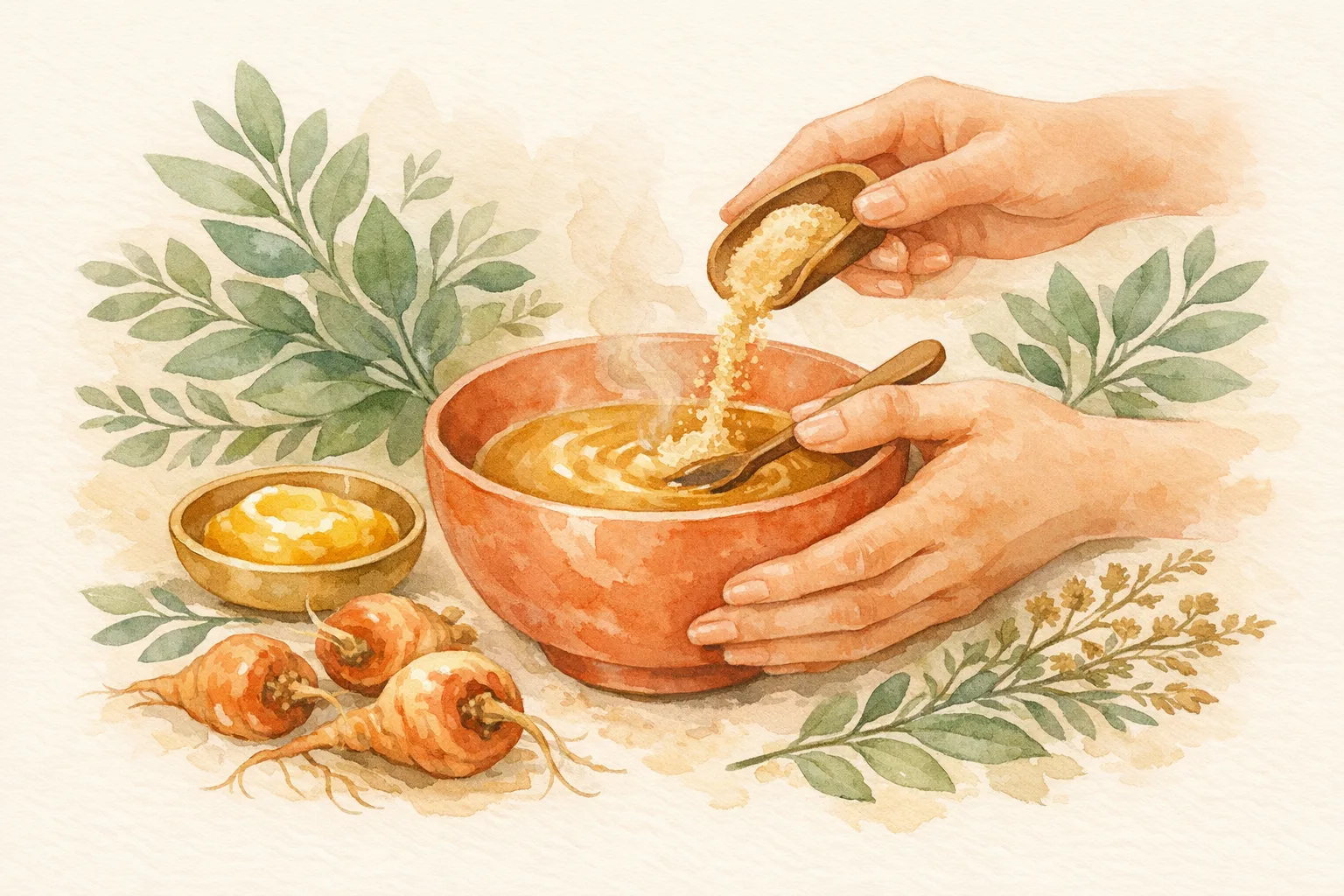 Watercolor illustration of nurturing hands stirring maca powder into a warm ceramic bowl surrounded by herbs, ghee, and botanical elements