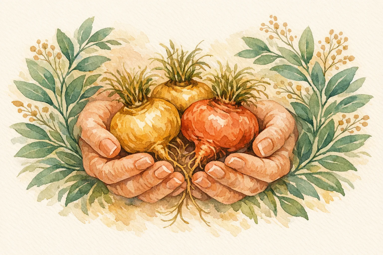 Watercolor illustration of nurturing hands holding maca root vegetables surrounded by botanical herb sprigs on a warm cream background