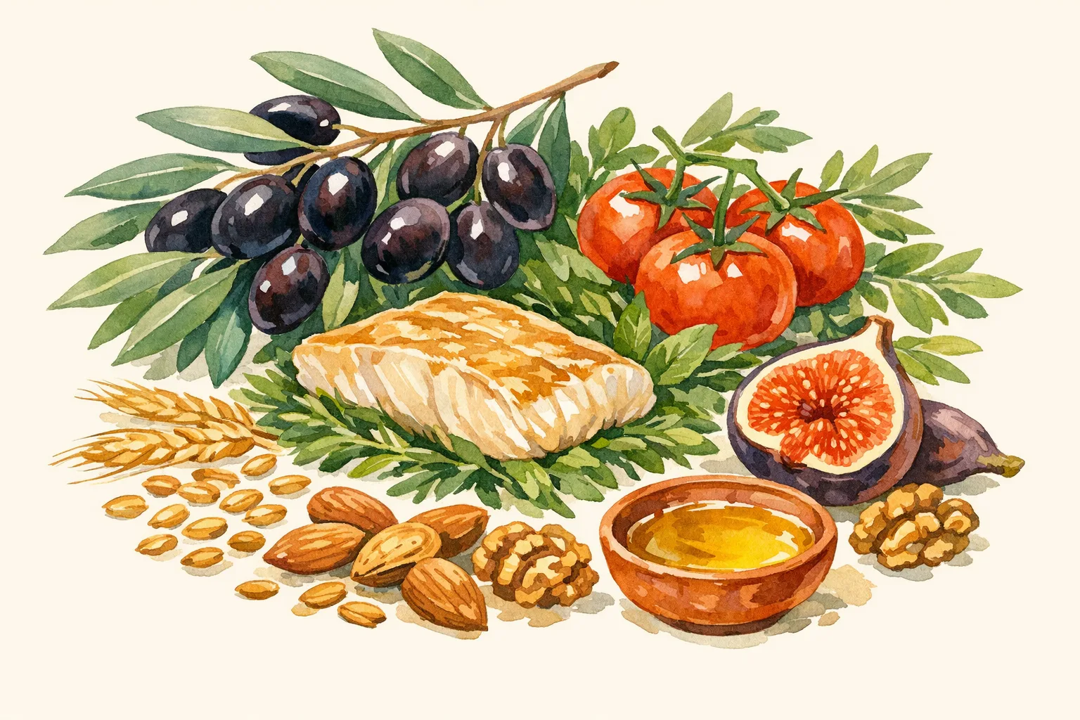 Watercolor illustration of a Mediterranean diet spread including olives, fish, whole grains, tomatoes, nuts and olive oil arranged in a lush botanical harvest composition