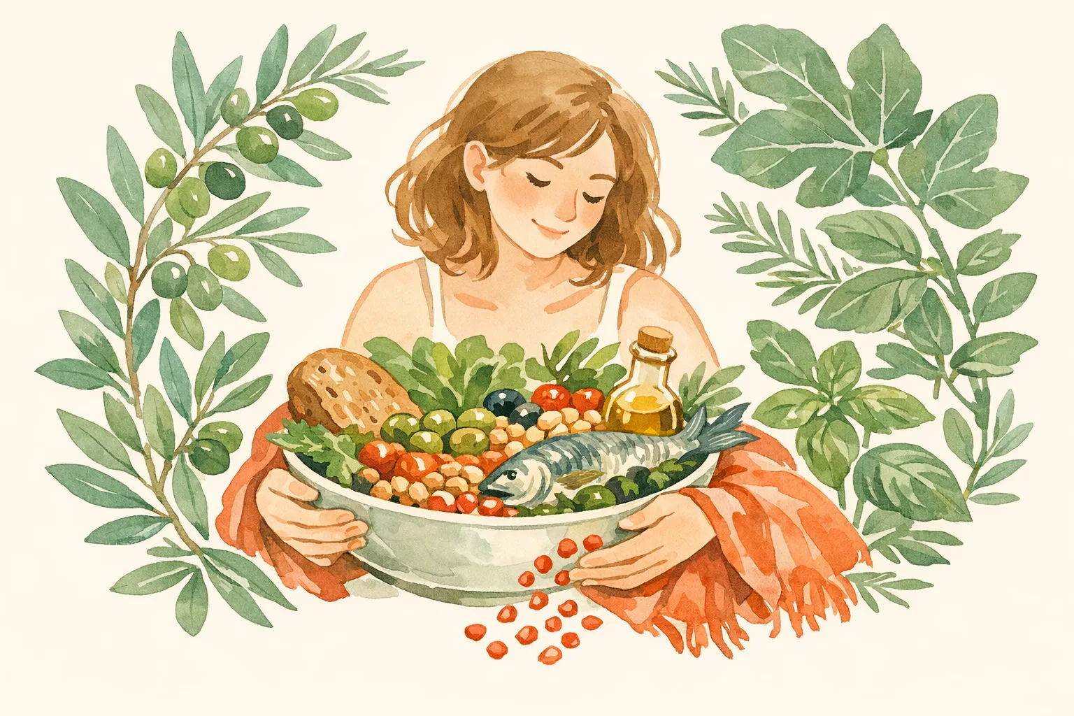 Watercolor illustration of a woman holding a bowl of Mediterranean foods surrounded by olive branches and botanical herbs, representing dietary nourishment for fertility
