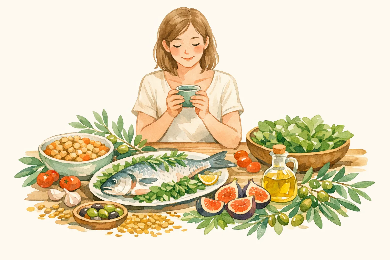 Watercolor illustration of a woman sitting at a table filled with Mediterranean foods including fish, legumes, olive oil, figs, and leafy greens, conveying nourishment and hopeful fertility support