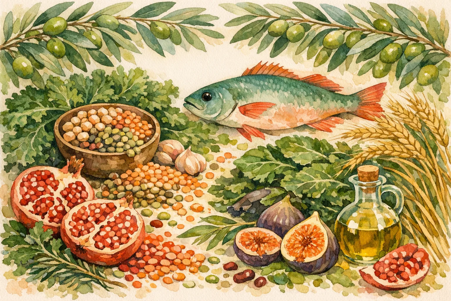 Botanical watercolor illustration of Mediterranean fertility diet foods including olive branches, fish, leafy greens, legumes, pomegranate, figs, and whole grains arranged in an abundant harvest composition