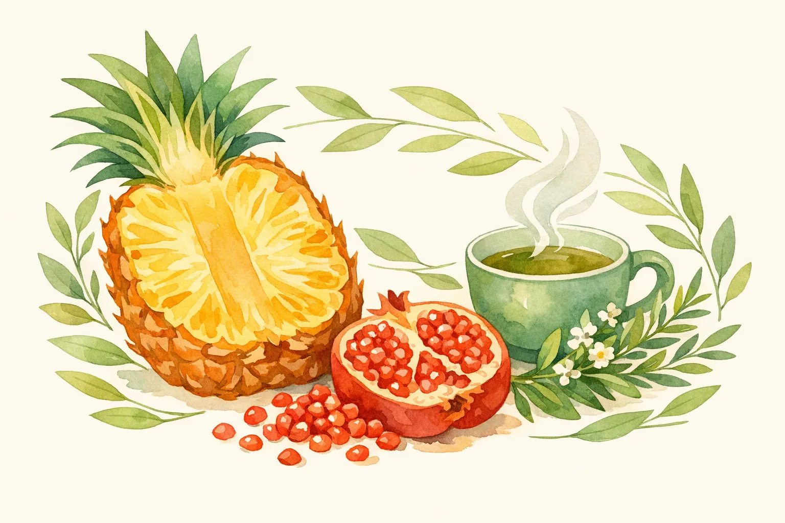 Watercolor still-life illustration of modern trying-to-conceive ritual objects including a halved pineapple, split pomegranate with seeds, a steaming herbal tea cup, and botanical leaves arranged in flowing patterns