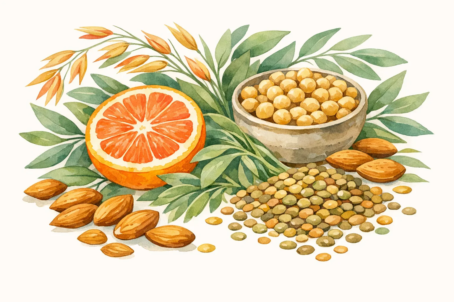 Botanical watercolor illustration of myo-inositol-rich foods including chickpeas, lentils, oranges, almonds, and oat sprigs arranged in an abundant composition