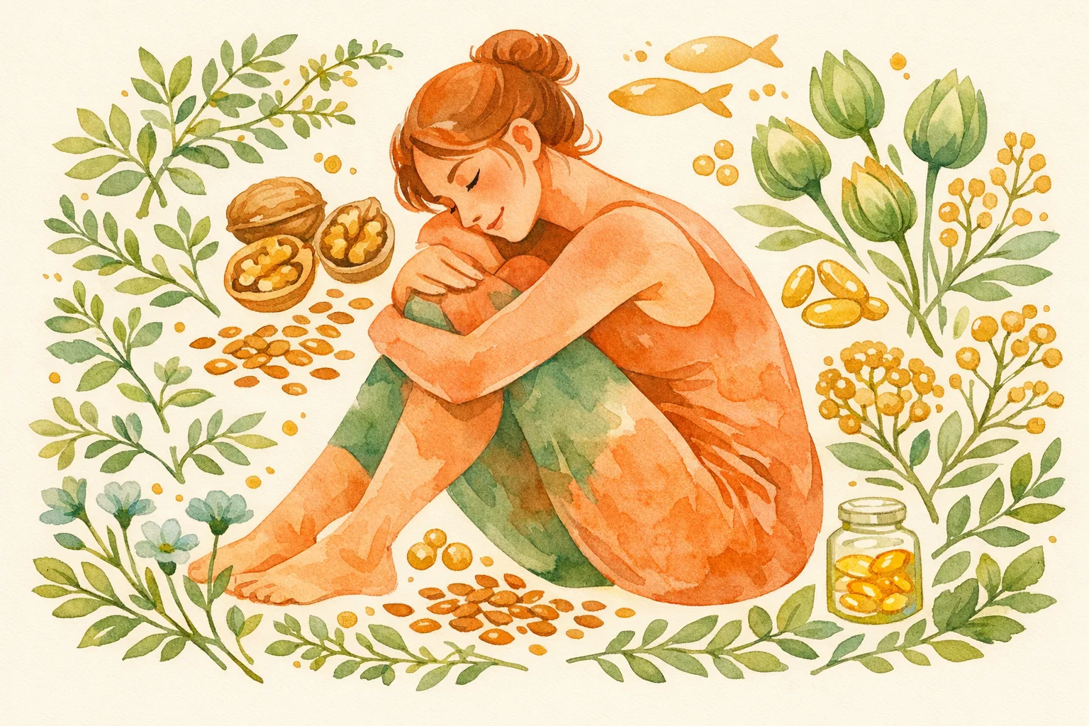 Watercolor illustration of a serene woman surrounded by botanical herbs, seeds, and natural supplement elements representing a holistic 90-day natural fertility protocol