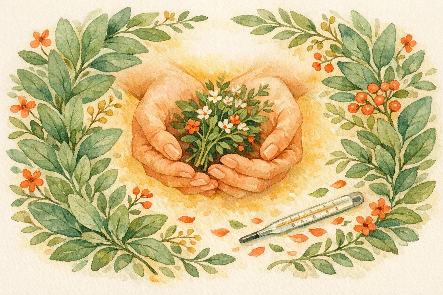 Watercolor illustration of gentle hands holding fresh herb sprigs with a thermometer resting among botanical leaves and flowers representing practical natural fertility steps