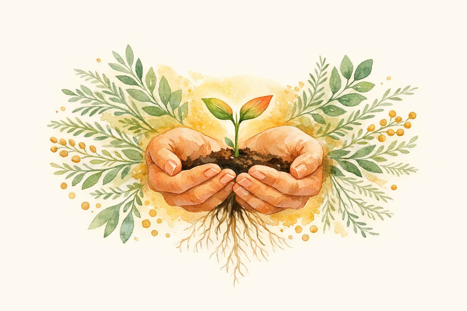 Botanical watercolor illustration of two gentle cupped hands holding a small sprouting seedling surrounded by flowing herbs and botanical elements, representing the hopeful beginning of a natural sperm motility improvement journey.
