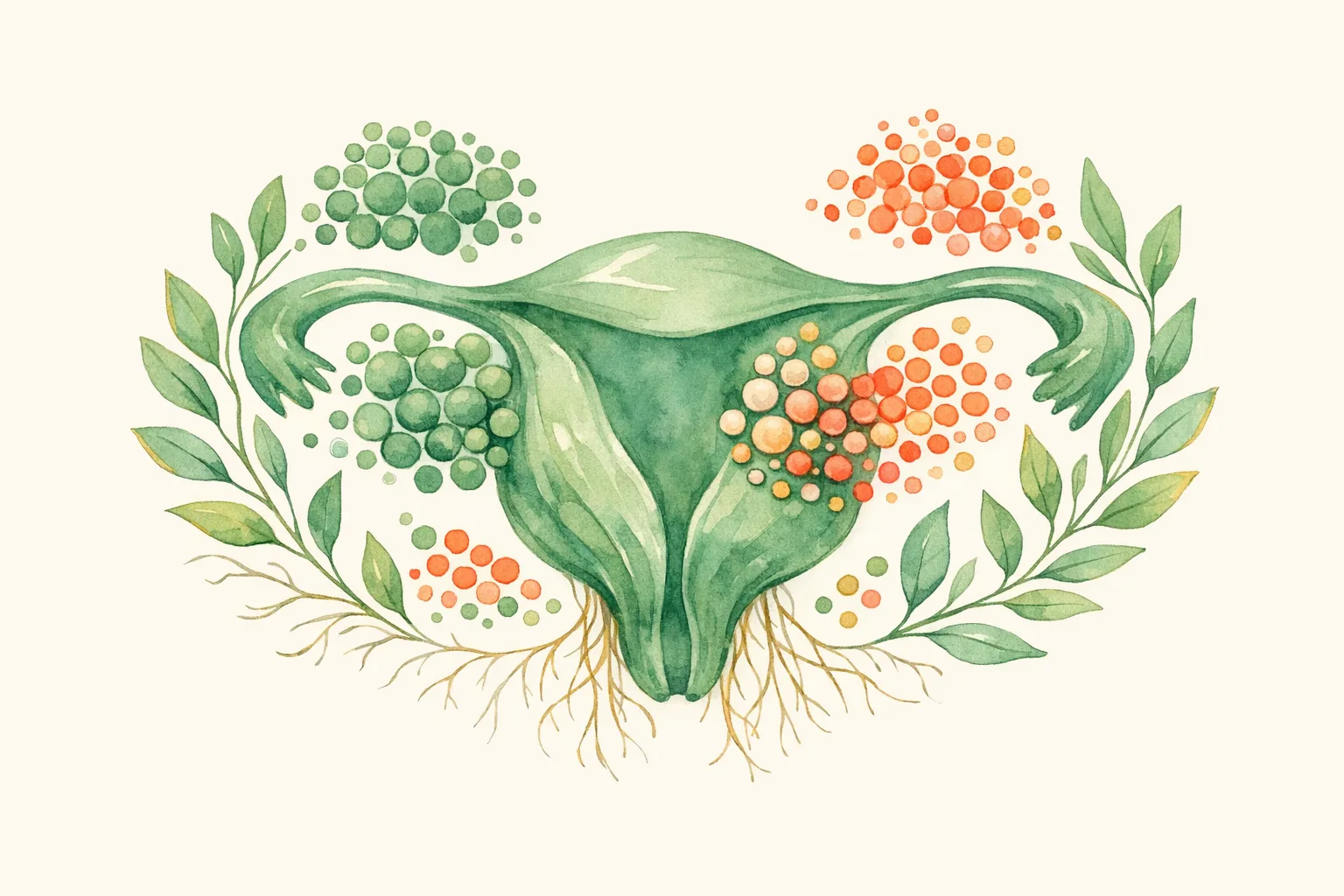 Botanical watercolor illustration of an organic pod shape surrounded by clusters of small circular follicles, some abundant and some sparse, representing the natural decline of egg reserve over time