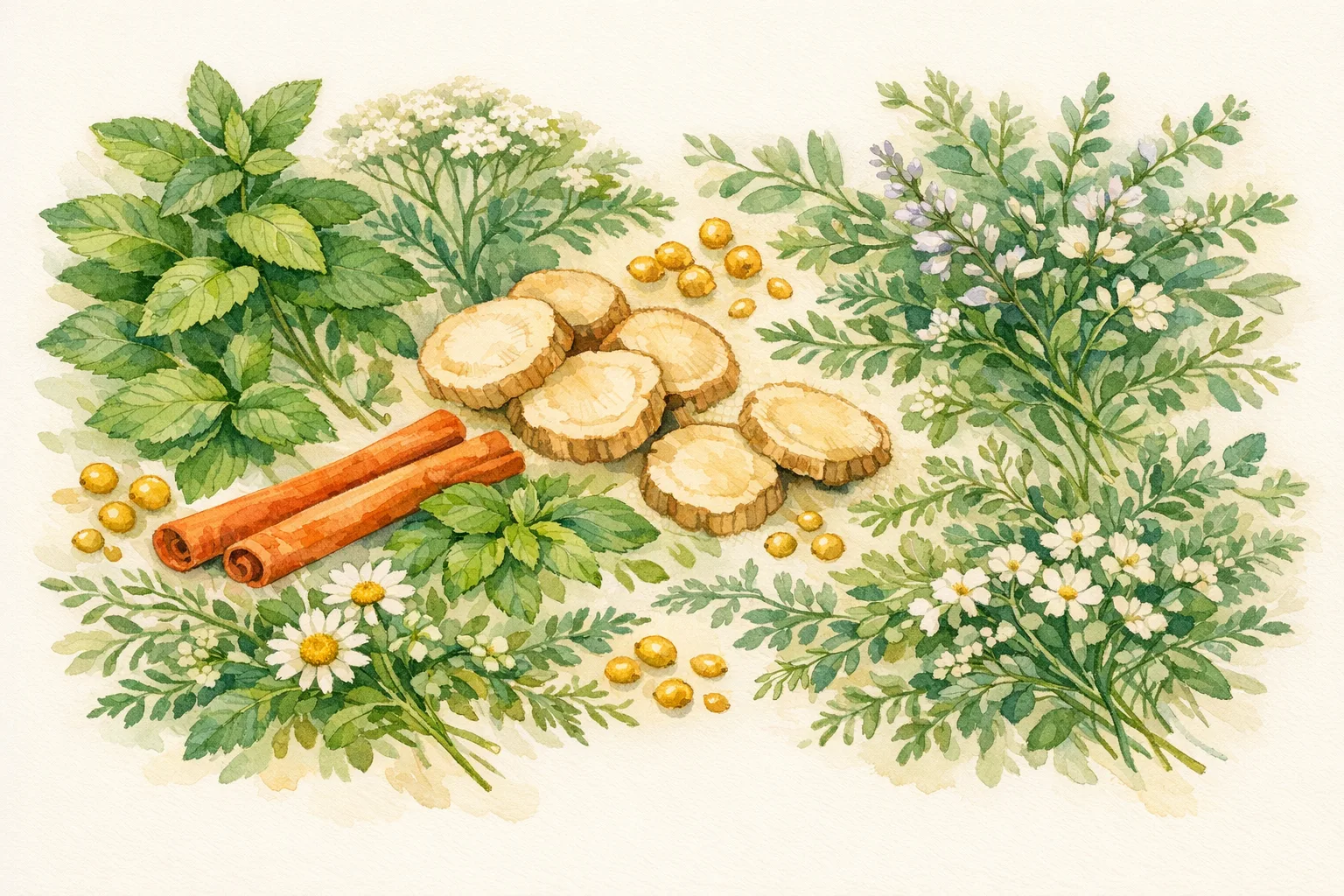 Botanical watercolor flat-lay of spearmint, cinnamon, roots, and herbs representing natural remedies researched for PCOS