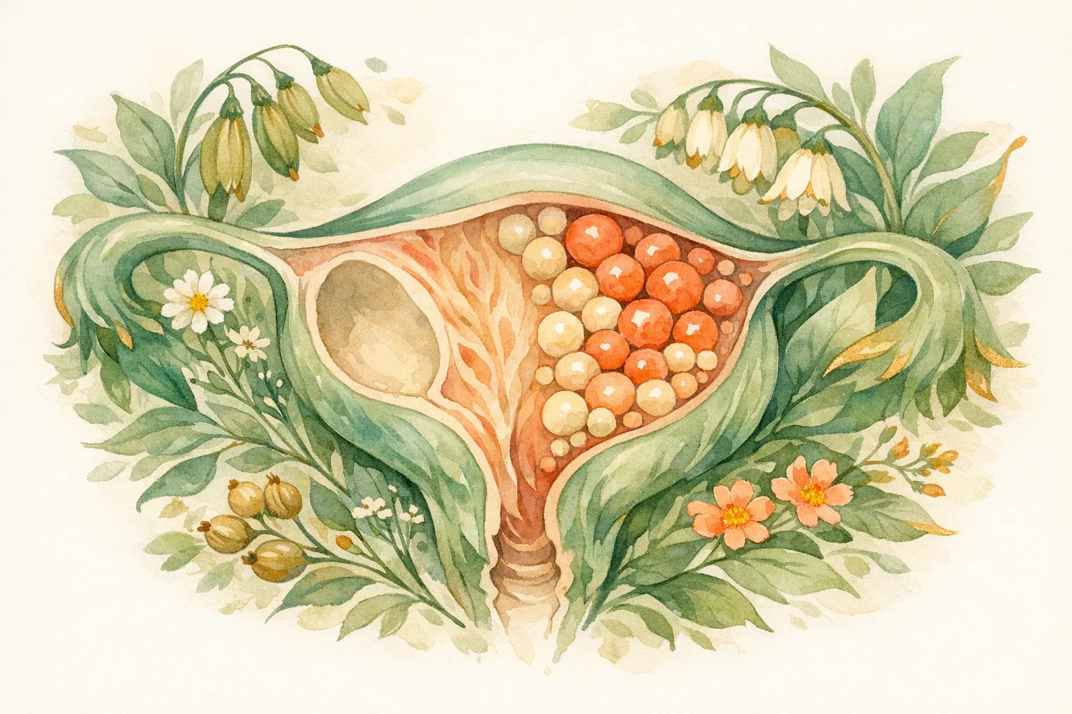 Botanical watercolor illustration of a stylized ovary surrounded by leaves and seed pods representing hormonal imbalance in PCOS
