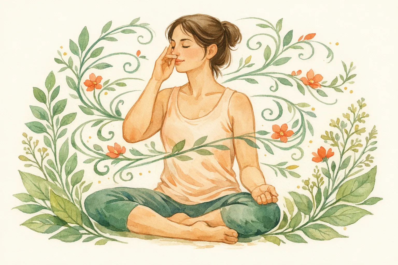 Watercolor illustration of a woman practicing alternate nostril pranayama breathing, surrounded by flowing botanical vines and leaves in sage green and coral, representing a daily fertility meditation practice