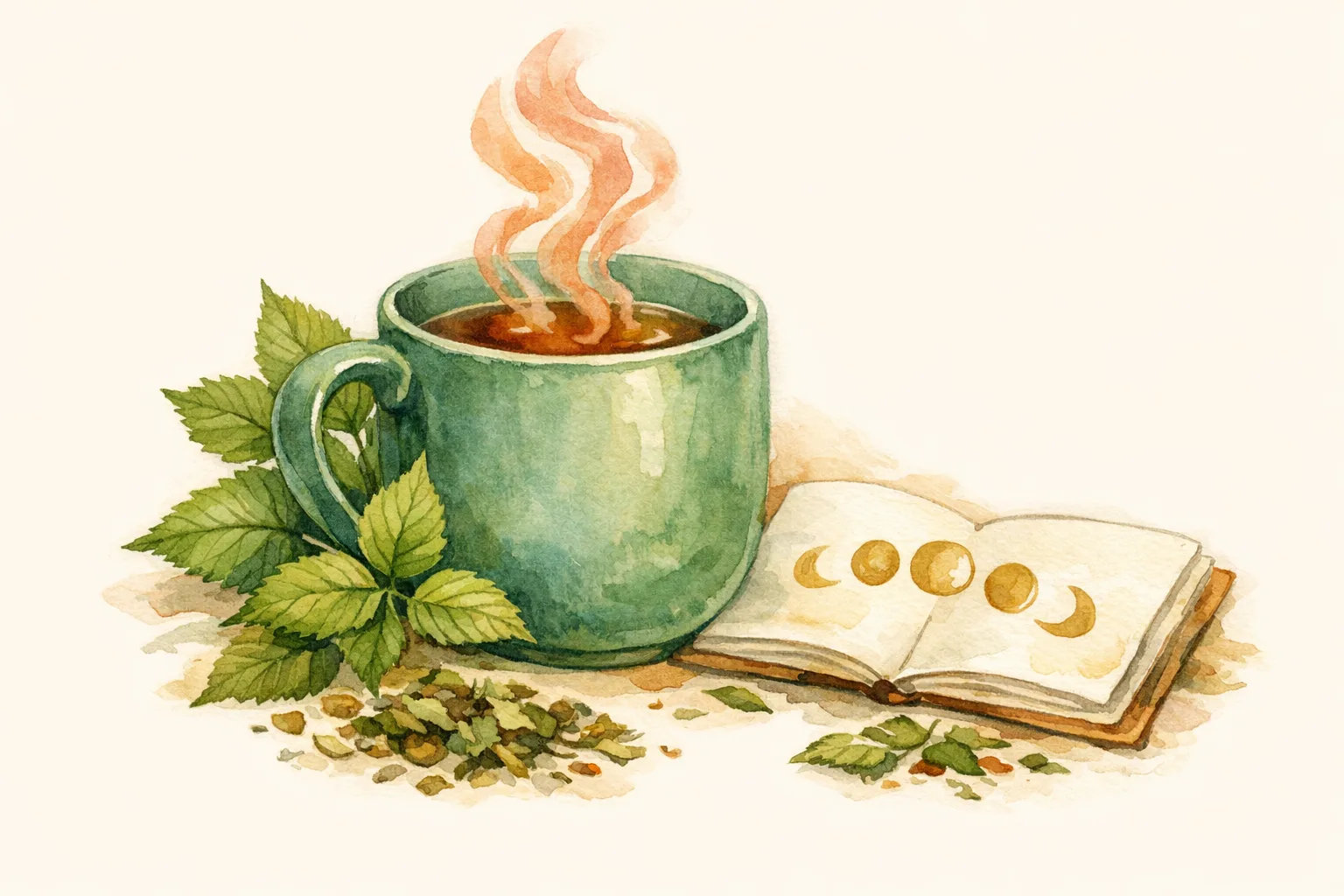 Watercolor illustration of a steaming ceramic mug of raspberry leaf tea with dried leaves and a moon cycle journal representing a daily herbal fertility ritual