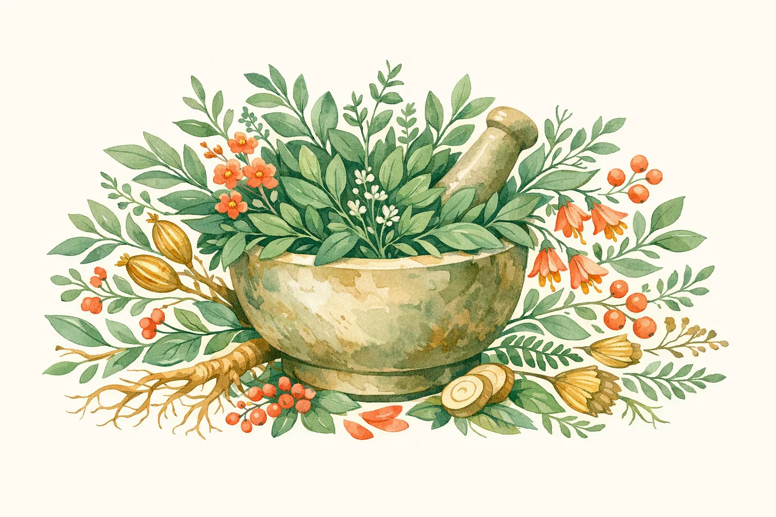 Botanical watercolor illustration of a mortar and pestle surrounded by lush herbs, leaves, and botanicals representing research-backed natural fertility supplements