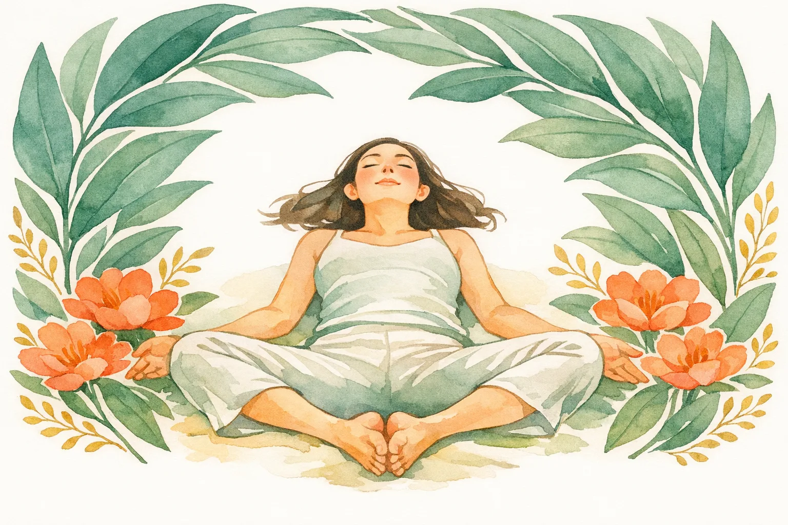 Watercolor illustration of a woman lying in a restorative reclining bound angle yoga pose surrounded by lush botanical leaves and flowers, representing <a href=