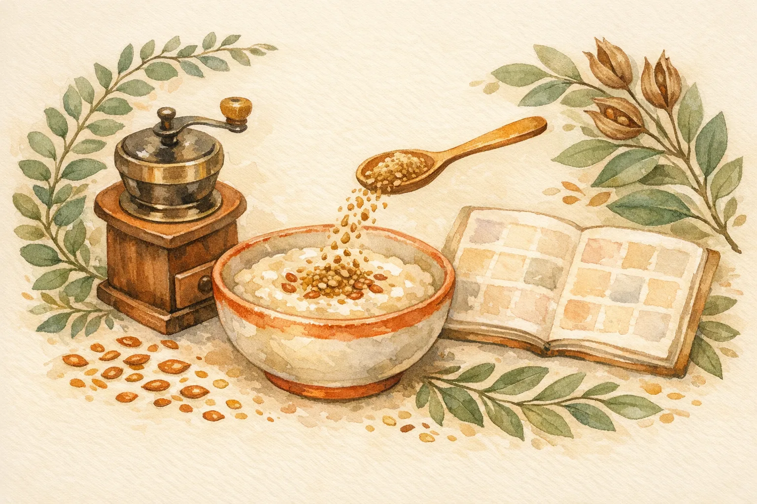 Watercolor illustration of a daily seed cycling ritual showing ground seeds being added to a ceramic bowl, a coffee grinder, scattered seeds, and a soft journal beside botanical leaves and seed pods, representing the simple practical steps to begin seed cycling.