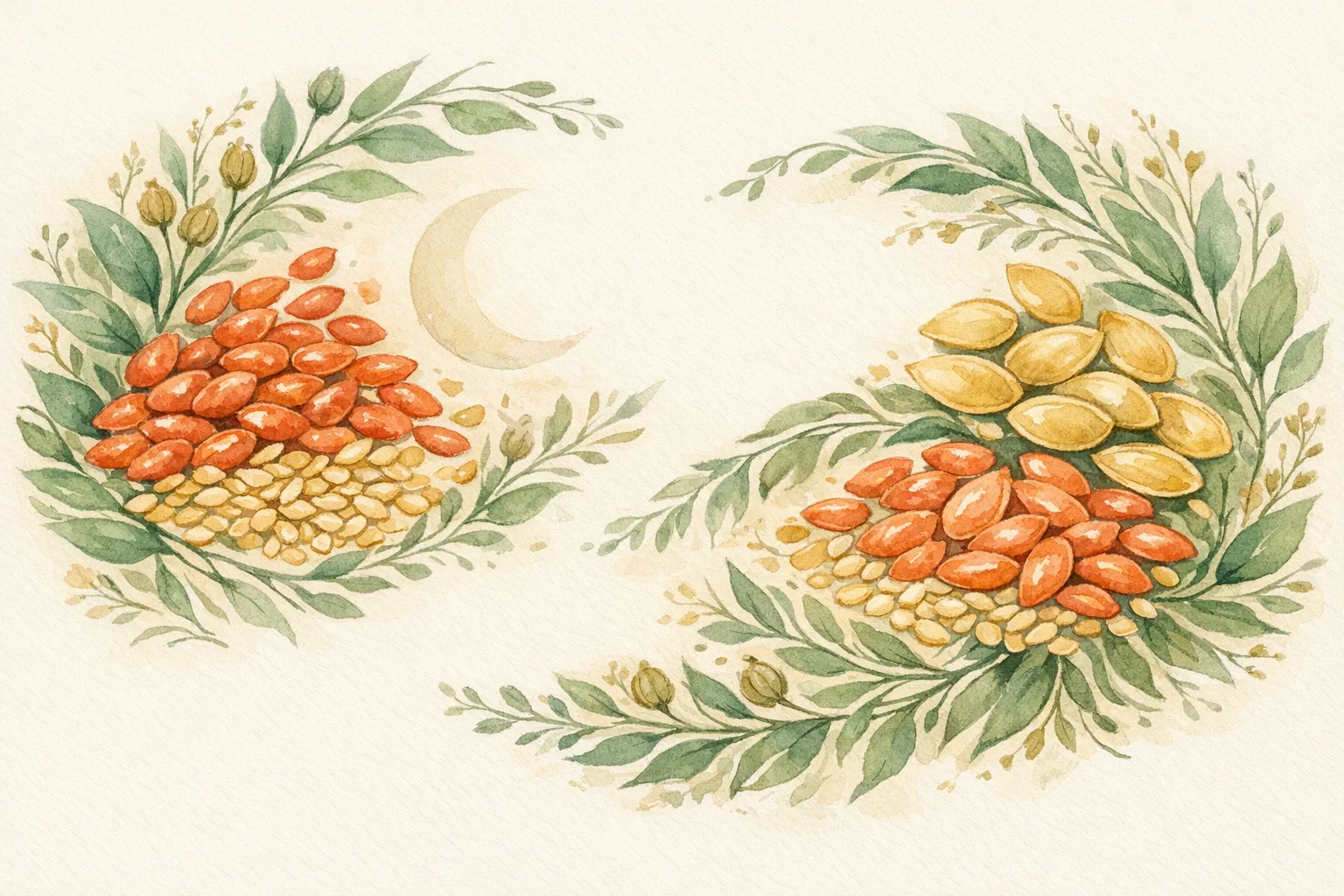 Botanical watercolor illustration of four seeds used in seed cycling — flaxseeds, pumpkin seeds, sunflower seeds, and sesame seeds — arranged in two flowing groupings surrounded by sage green leaves and plant forms, representing the two phases of the menstrual cycle.