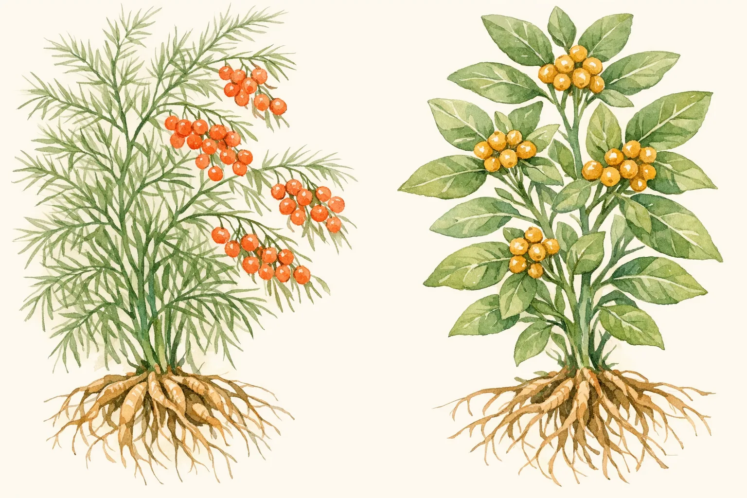 Botanical watercolor illustration of Shatavari and Ashwagandha plants with roots, stems, leaves and berries, representing the two Ayurvedic herbs studied for female reproductive health