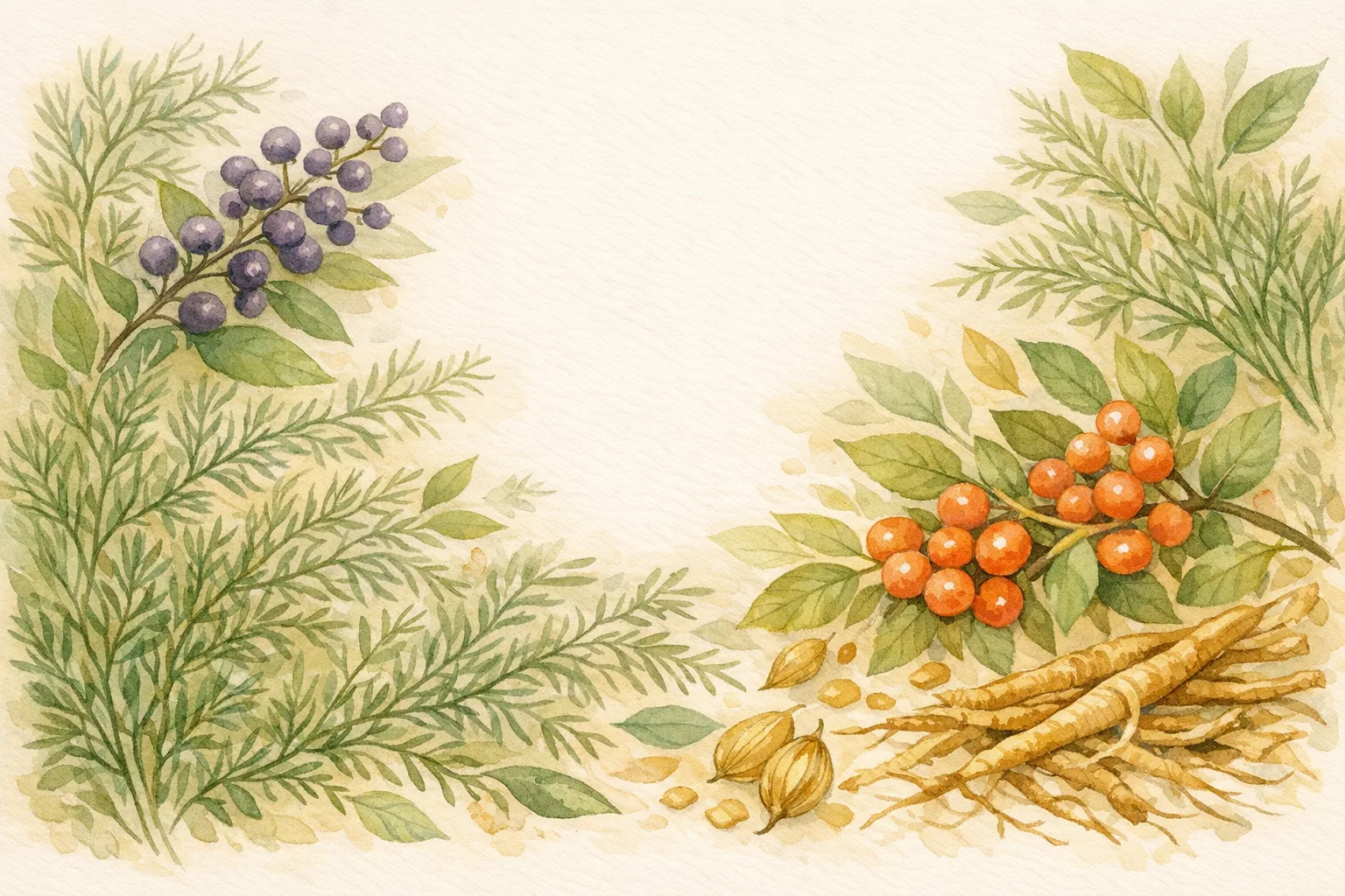 Watercolor botanical illustration of shatavari, ashwagandha, and vitex fertility herbs arranged as an herbalist's journal composition