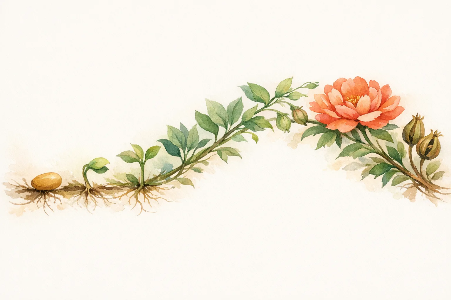 Watercolor illustration of a botanical growth cycle from seed to full bloom representing the 74-day timeline of sperm development and why supplements need three months to show results