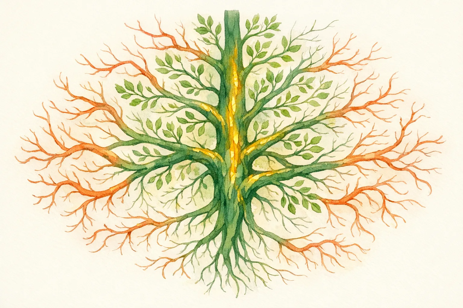 Botanical watercolor illustration of a flowering plant with drooping blossoms under pressure from storm-like forms above, representing stress hormones suppressing the reproductive system