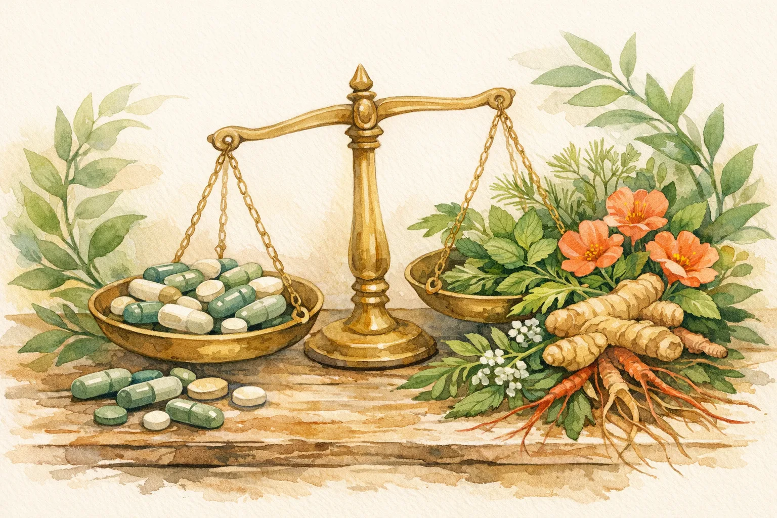 Watercolor illustration of supplement capsules balanced against fresh botanical herbs on a delicate scale, representing clinical research comparing antioxidant supplements to natural plant remedies