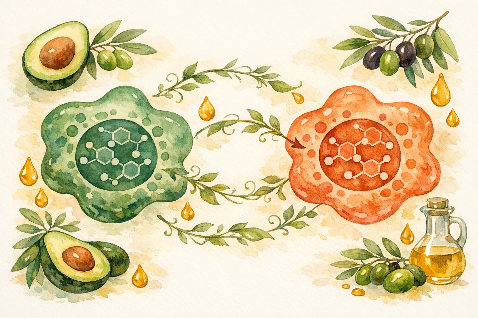 Botanical watercolor illustration of two complementary CoQ10 molecular forms surrounded by avocado and olive botanical elements, representing ubiquinone and ubiquinol absorption with dietary fat.