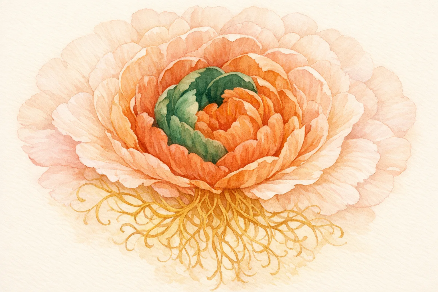 Botanical watercolor illustration of layered flower petals symbolizing uterine lining thickness and blood vessel nourishment for implantation
