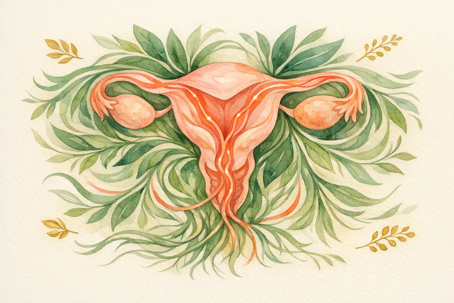Botanical watercolor illustration of a uterus cradled by flowing roots and leaves representing improved circulation and organ nourishment through maya abdominal massage